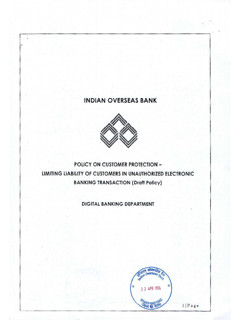 Iob POLICYCustomer Protection Limited Liabiility Unauthorized ...