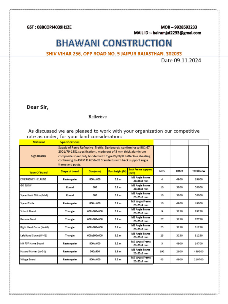 Quotation for Traffic Signboards Supply | PDF | Rectangle