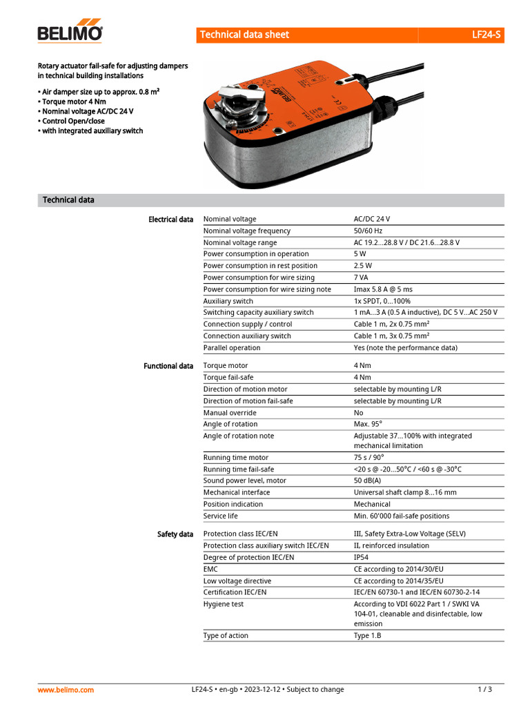 LF24-S Rotary Actuator Data Sheet | PDF | Electric Motor | Switch