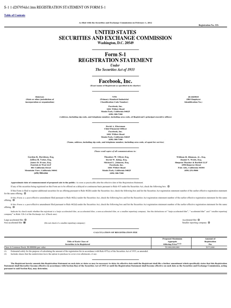 Facebook Registration Statement PDF Stocks Initial Public Offering
