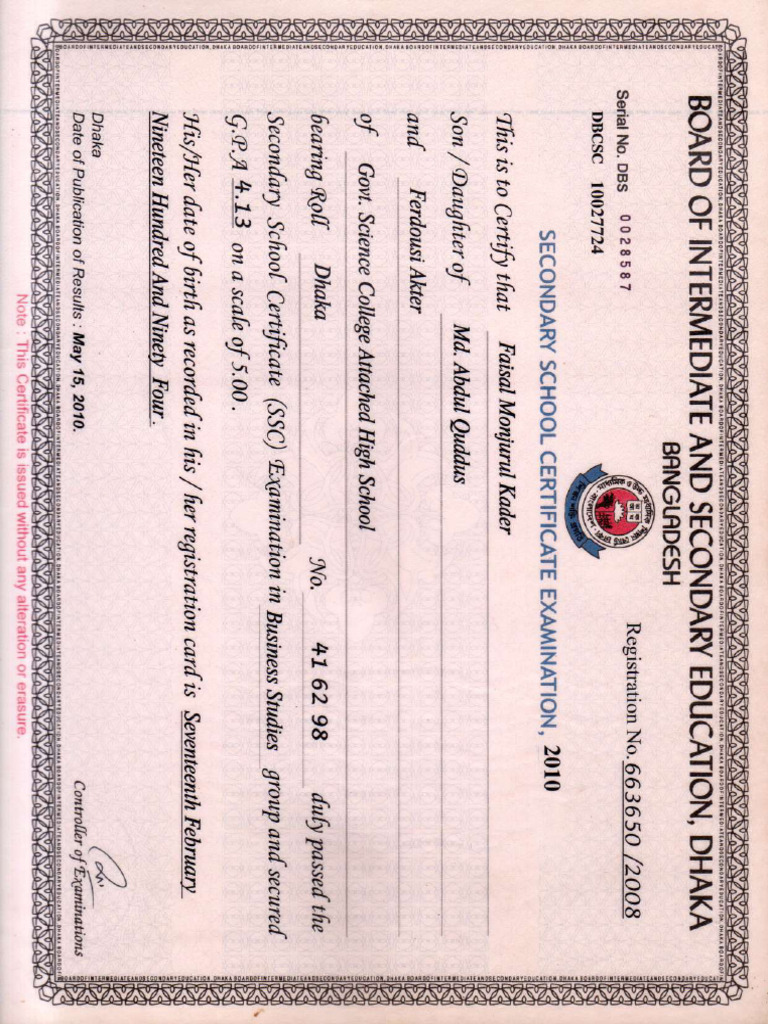 SSC Certificate | PDF