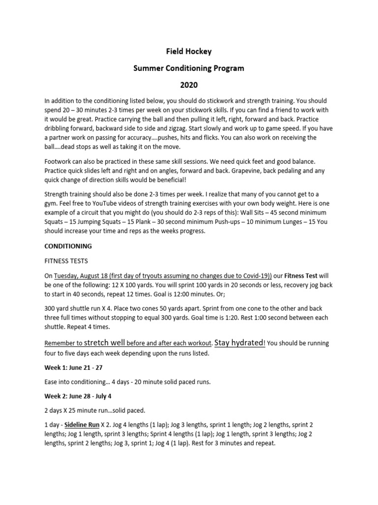 Field Hockey Summer Conditioning Plan | PDF | Strength Training ...