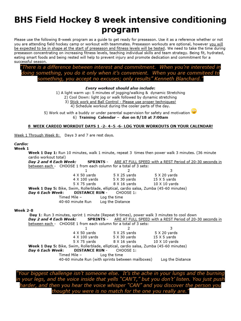8-Week Field Hockey Conditioning Plan | PDF