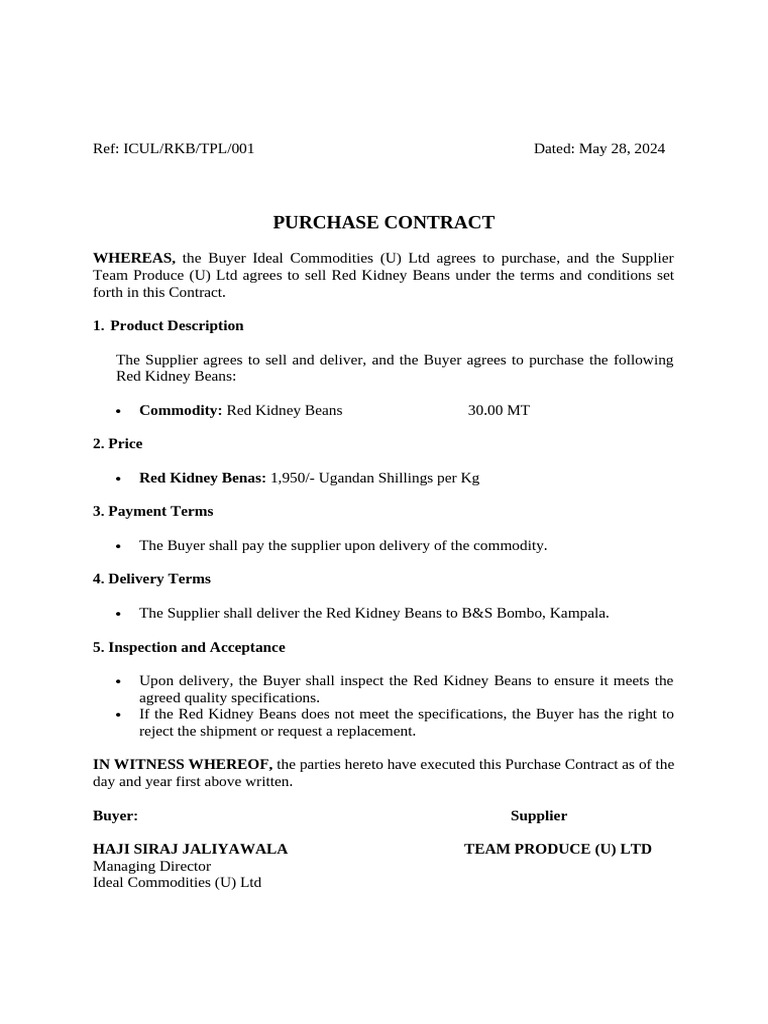 Red Kidney Beans Purchase Contract | PDF