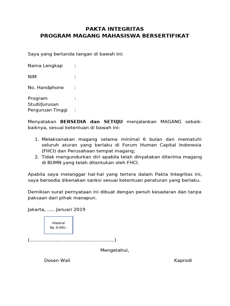 Pakta Integritas Magang BUMN | PDF