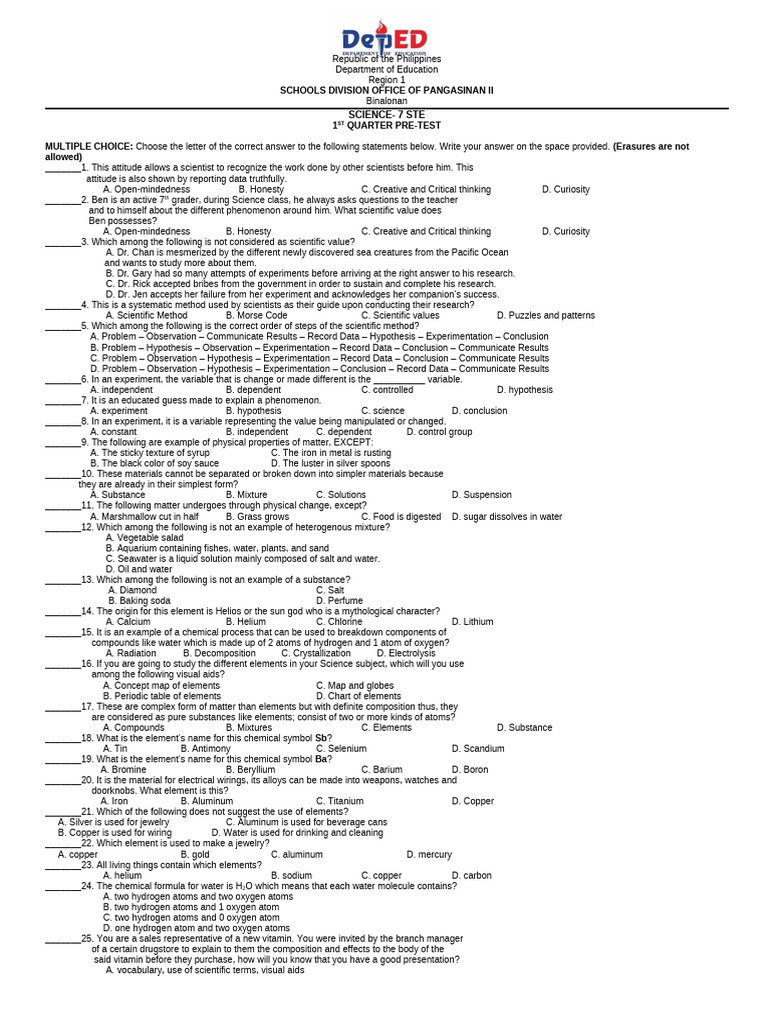 Ste Science 7 Pre Test 1 Quarter | PDF | Solubility | Chemical Elements