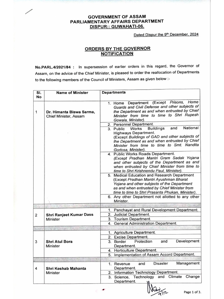 Government of Assam On Reallocation of Departments | PDF