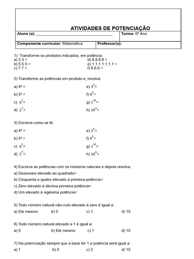 Atividades de Potenciação 6º Ano | PDF