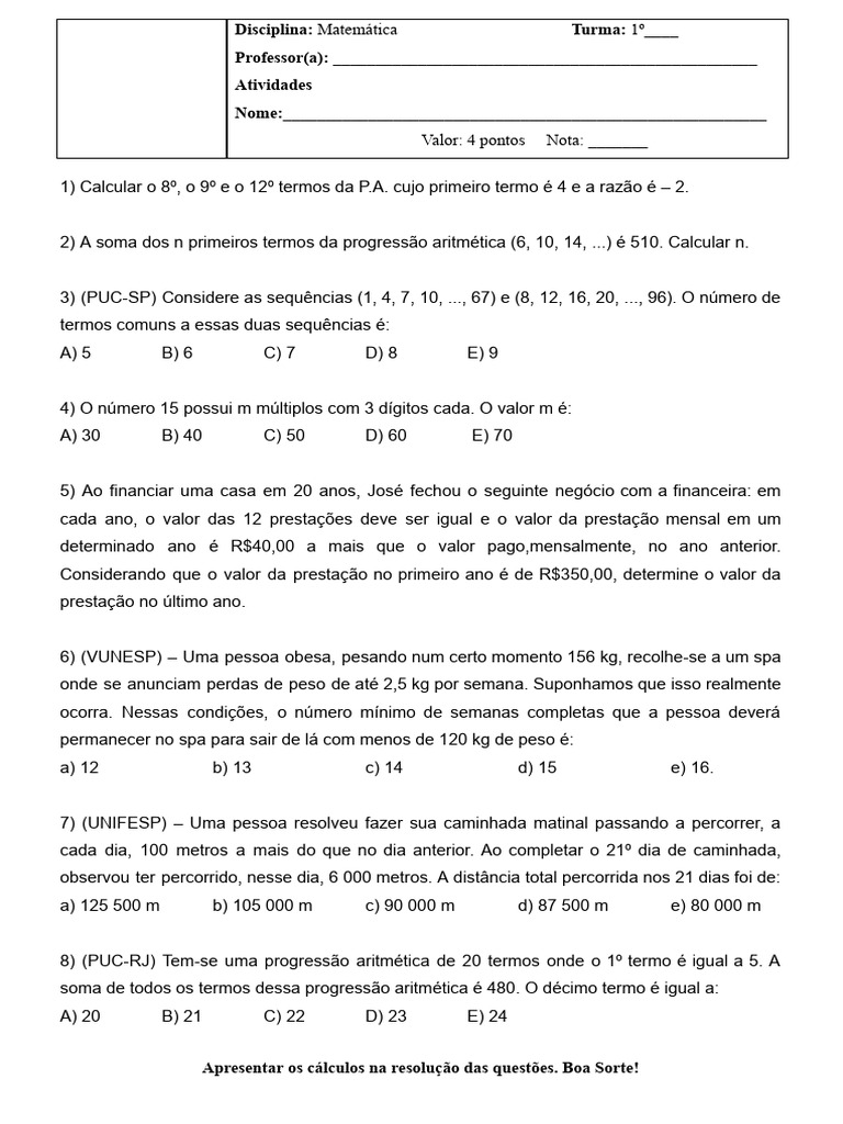 Atividades de Progressão Aritmética | PDF | Matemática