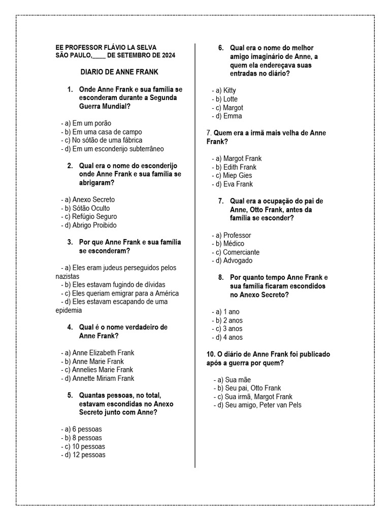 Quiz sobre o Diário de Anne Frank | PDF | Anne Frank
