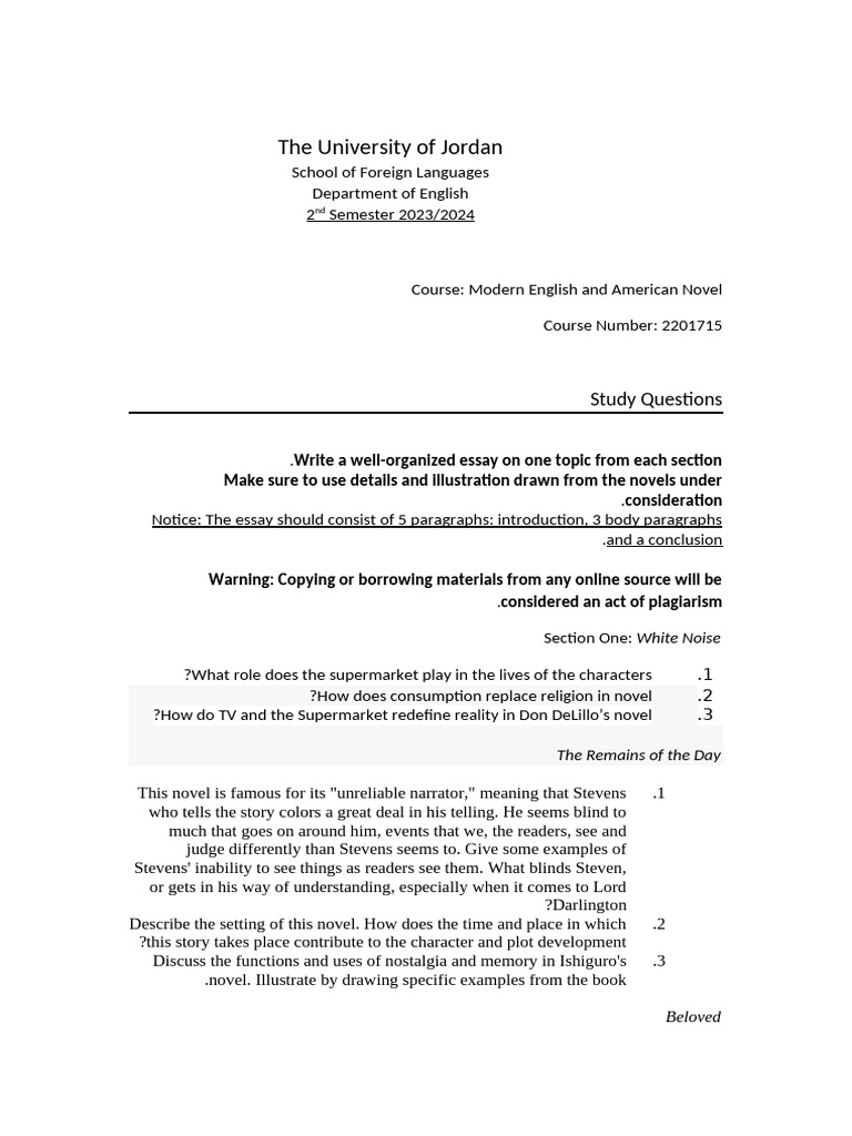 Novel Study Questions for Essay Writing | PDF
