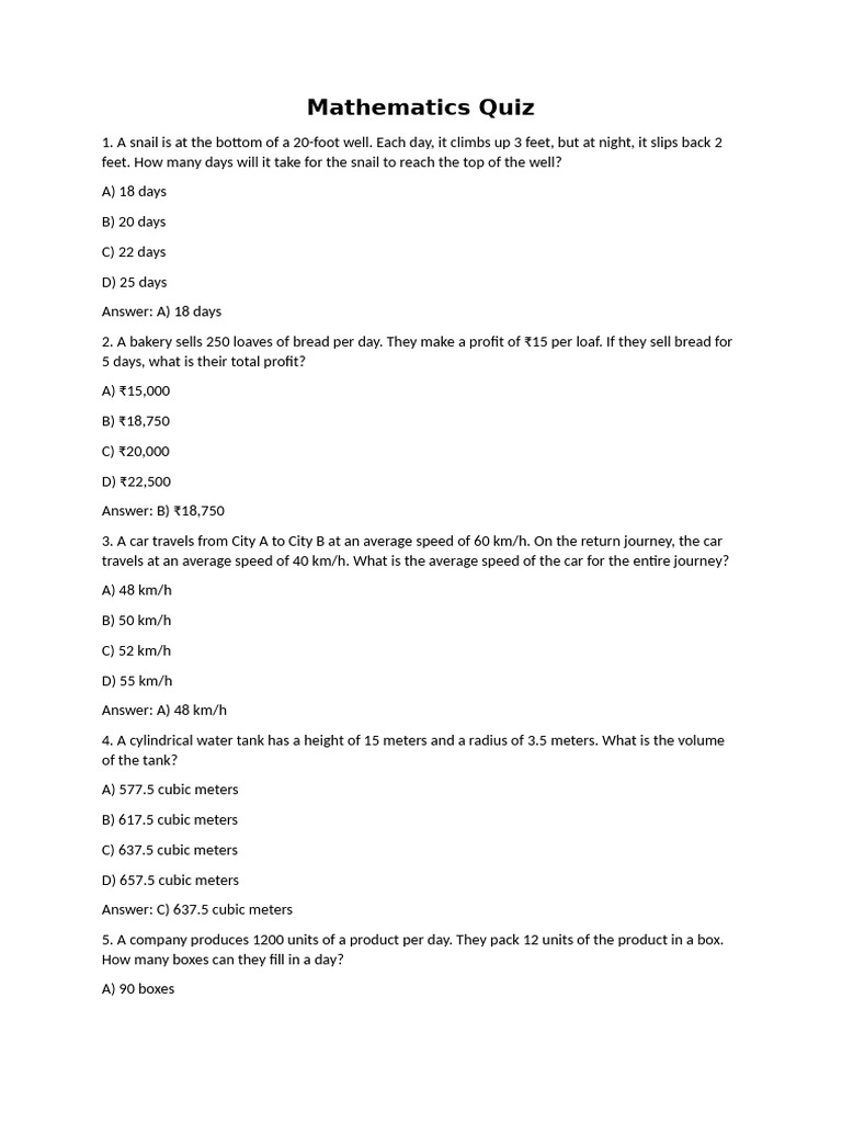 Math Quiz with Solutions and Answers | PDF