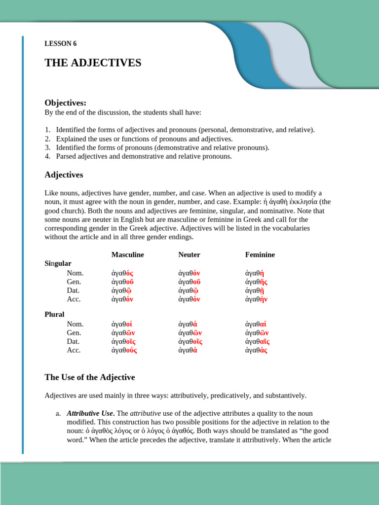 Greek Adjectives and Pronouns Overview | PDF | Grammatical Gender ...