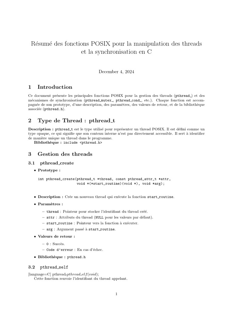 Fonctions POSIX pour Threads en C | PDF | Thread (informatique ...