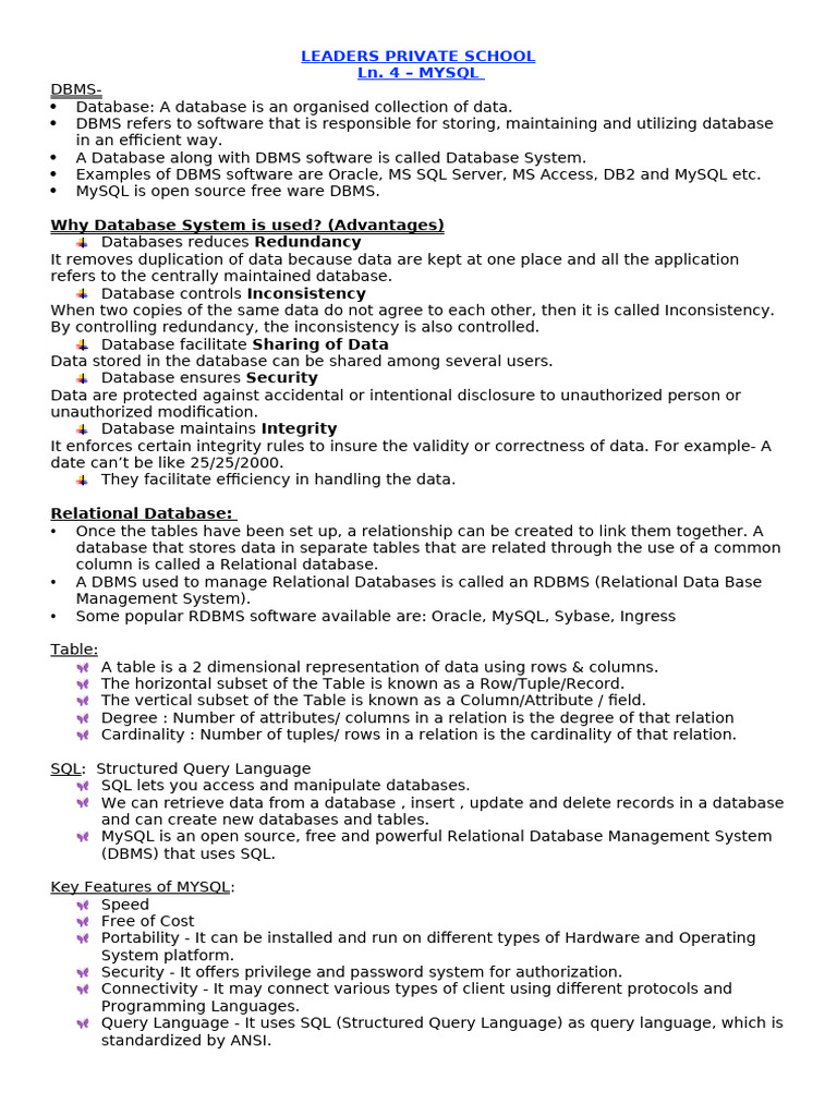 G12 - IP Notes - Ln.4 - MYSQL | PDF | Databases | Relational Database