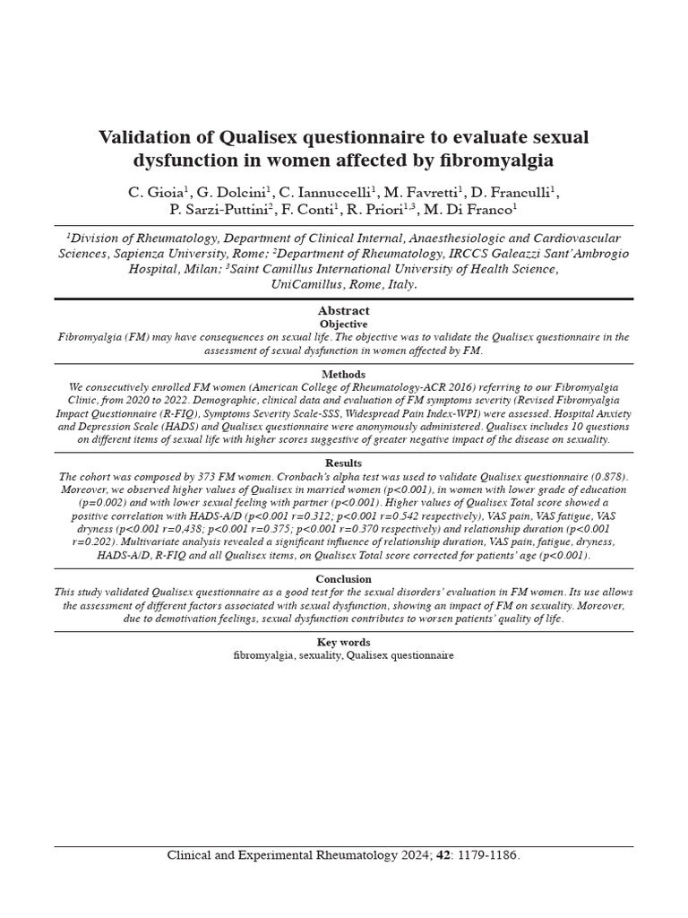 Qualisex Questionnaire in Fibromyalgia | PDF | Fibromyalgia | Sexual ...