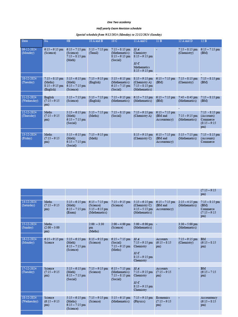 December Exam Revision Timetable | PDF