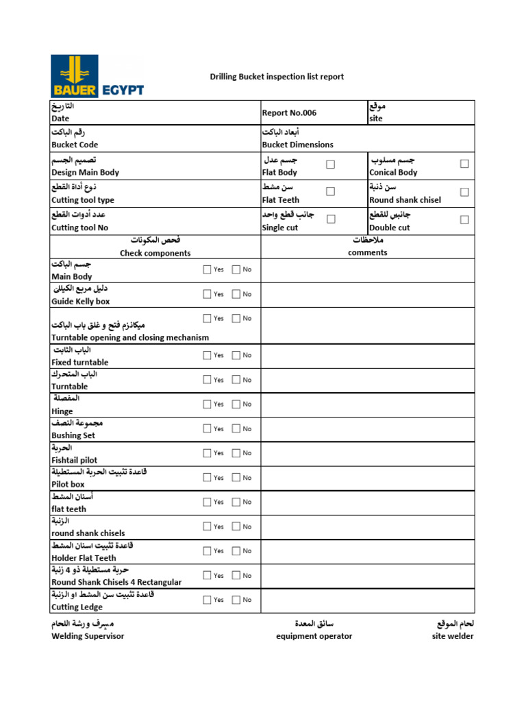 Bucket Inspection List Report Pdf Electric Heating Mechanical