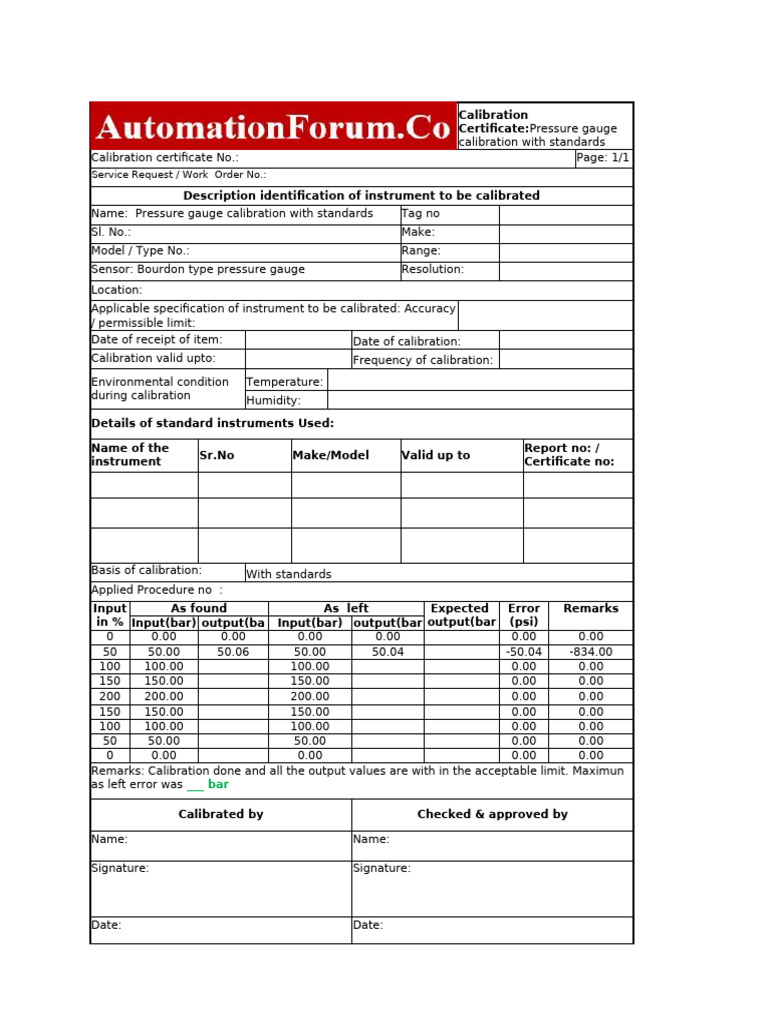 Pressure Gauge Calibration Report Template | PDF | Calibration ...