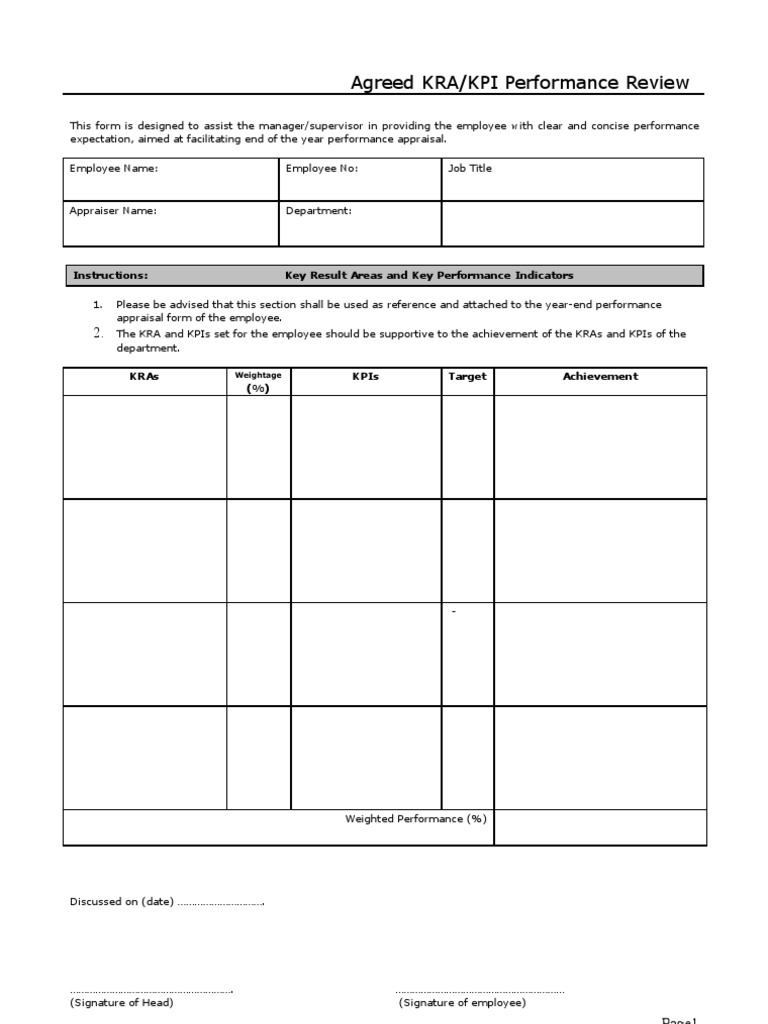 Agreed KRA/KPI Performance Review: Instructions: Key Result Areas and ...