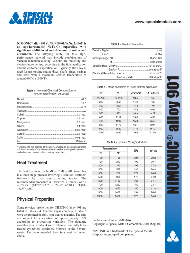 NIMONIC Alloy 901 Overview and Properties | PDF | Heat Treating | Forging
