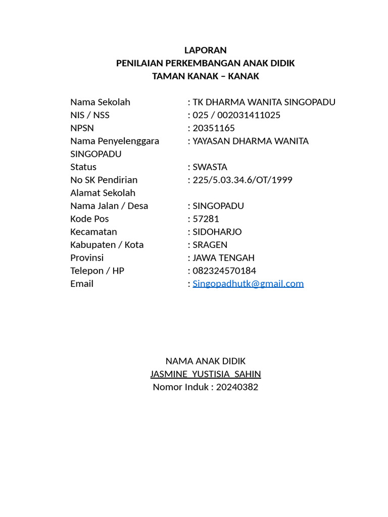 Laporan Perkembangan Anak TK Jasmine | PDF