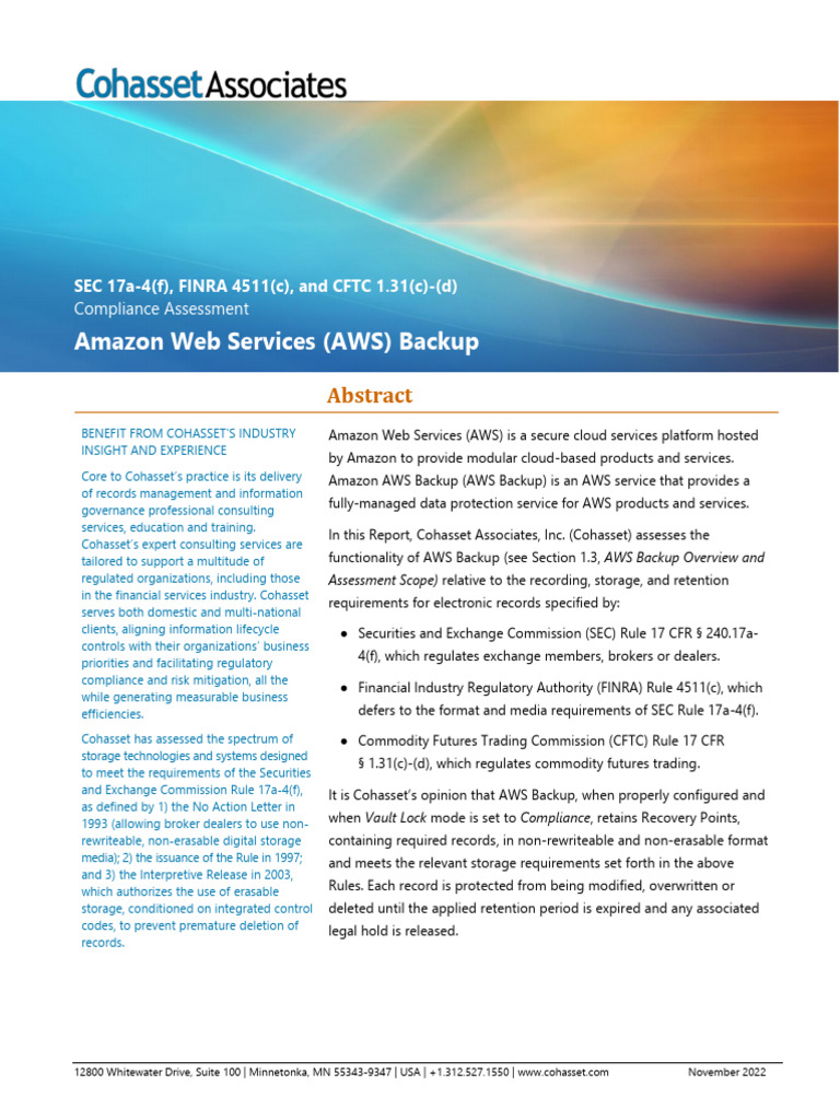Amazon Backup Cohasset Assessment Report 2022 11 21 FINAL | PDF ...