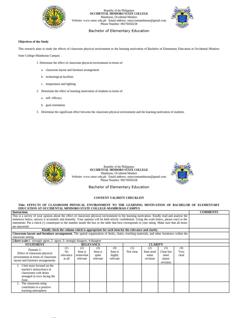 CONTENT-VALIDITY-CHECKLIST-CLARENCE-1 (5) | PDF | Classroom | Self Efficacy