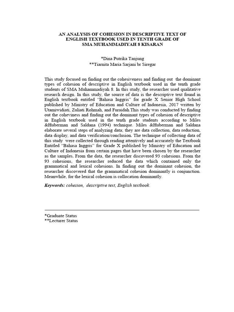 An Analysis of Cohesion in Descriptive Text of | PDF | Curriculum ...