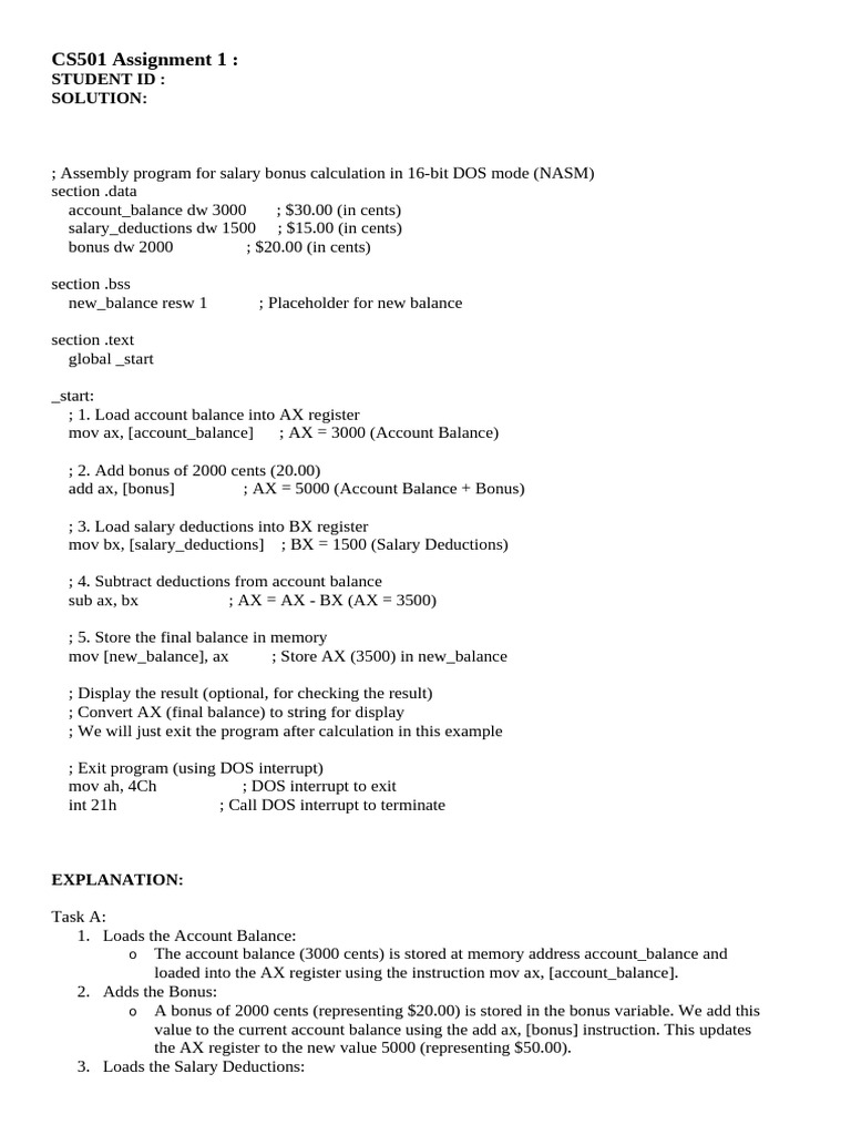 Assembly Program for Salary Bonus Calculation | PDF
