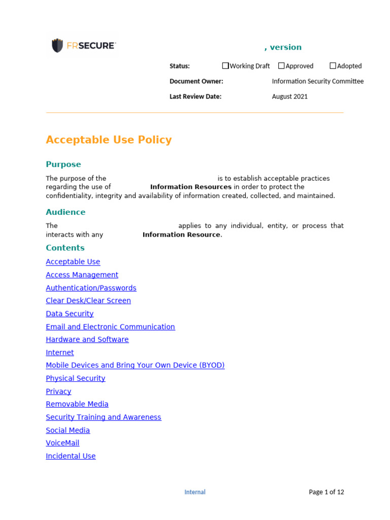 Acceptable Use Policy Template | PDF | Information Security | Password