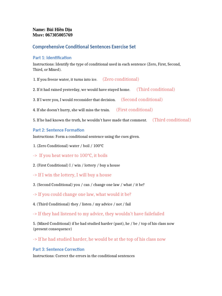 Conditional Sentences Exercise Set Pdf Human Communication