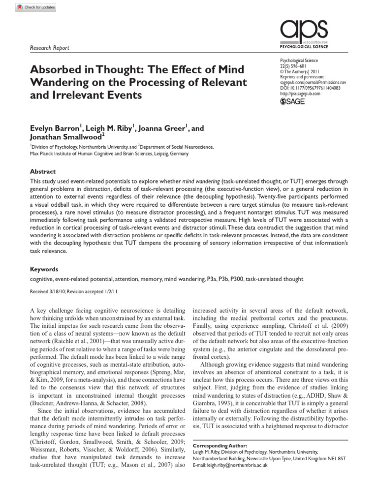 Barron Et Al 2011 Absorbed in Thought The Effect of Mind Wandering On ...