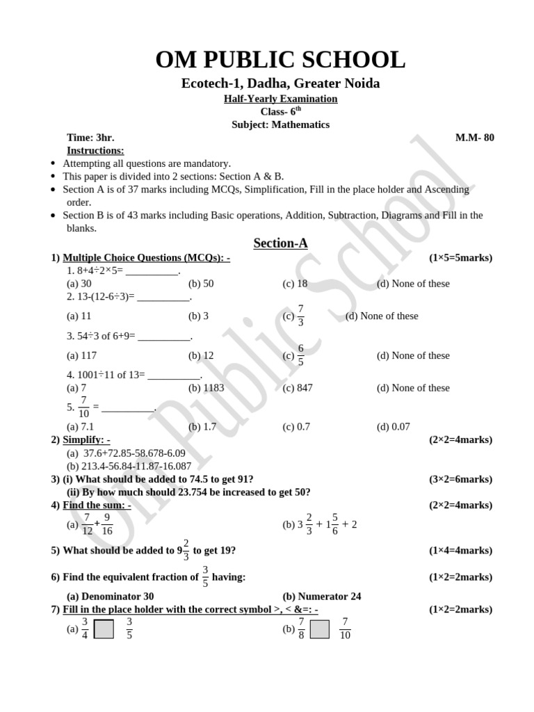 Class 6th (MATHS) (Half-Yearly) | PDF | Mathematics | Arithmetic