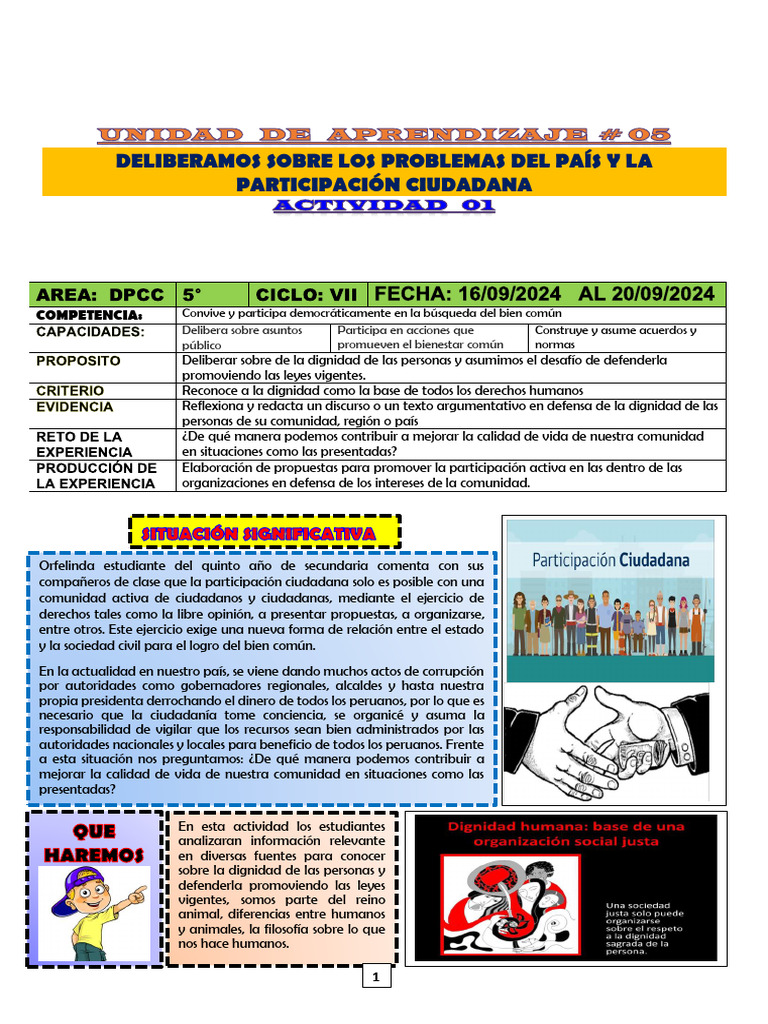 ACTIVI. 1 DPCC 5° UNIDAD 5 - Alumno | PDF | Humano | Dignidad