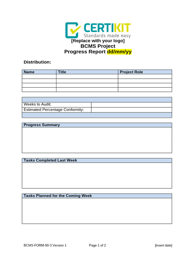BCMS-FORM-00-3 ISO22301 Progress Report | PDF