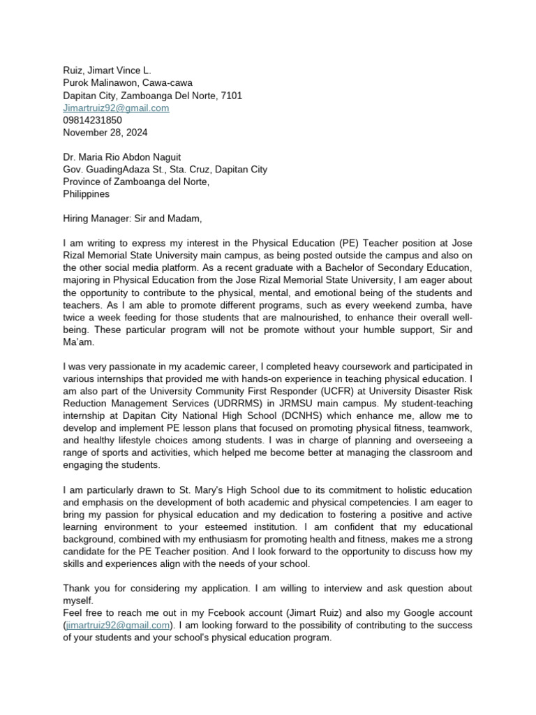PE Teacher Application Letter | PDF | Physical Education