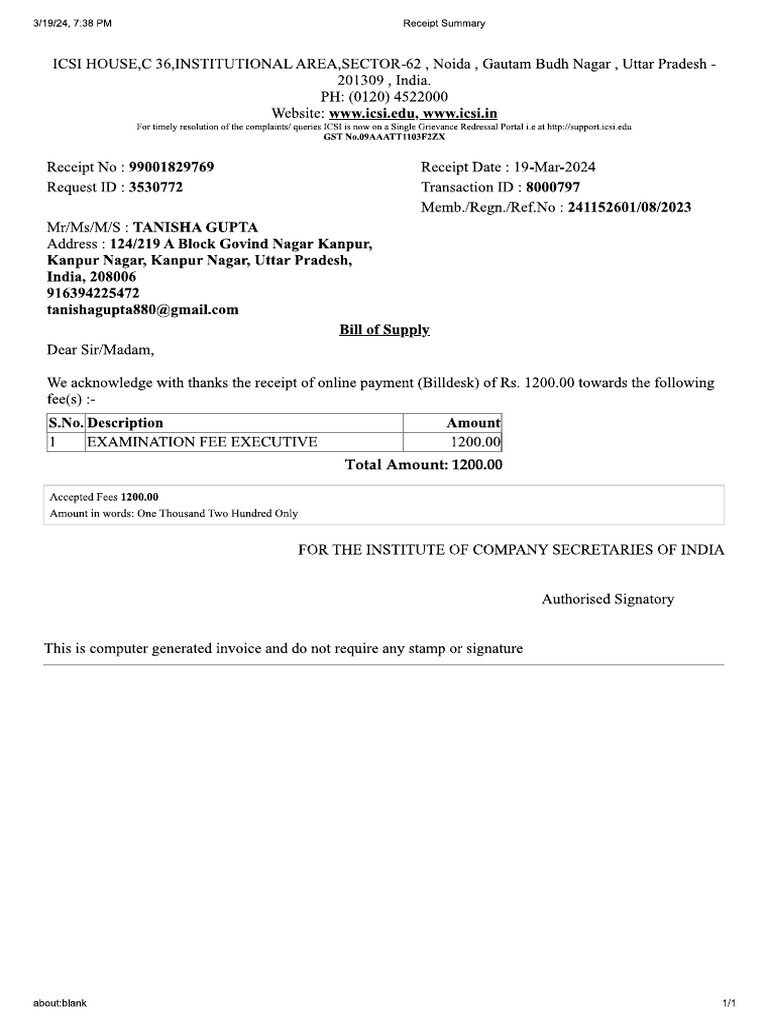 Bill of Exam Form | PDF