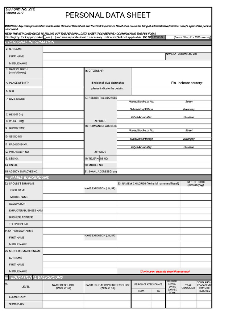 Personal Data Sheet CS Form No. 212 Revised 2017 | PDF | Passport | Justice