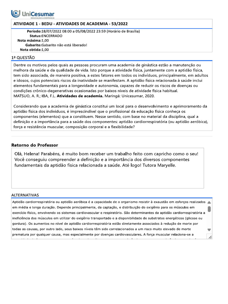 Atividade 1 - Bedu - Atividades de Academia | PDF