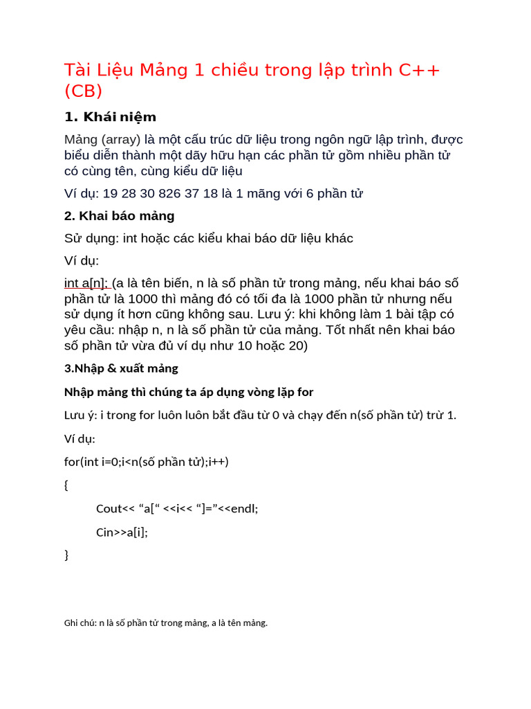 Tài Liệu Mãng 1 chiều trong lập trình C++ | PDF