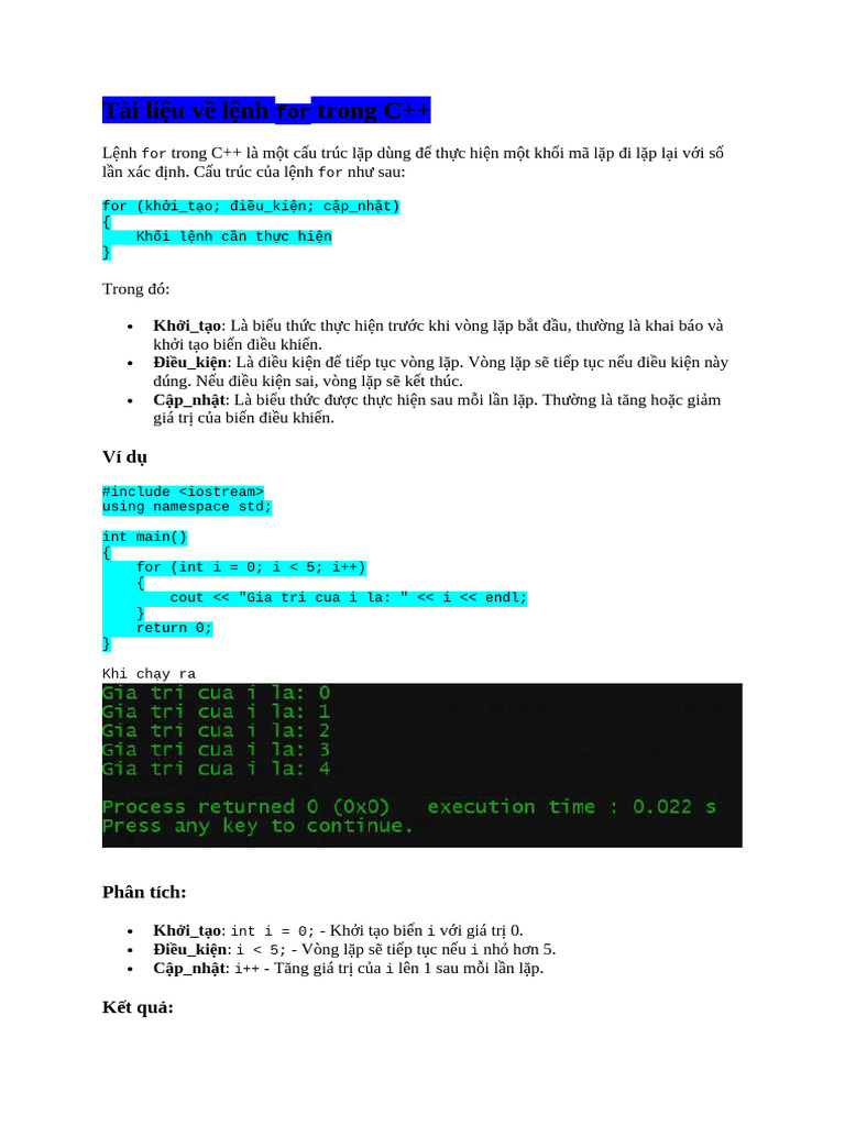 Tài liệu về lệnh for trong C++ | PDF