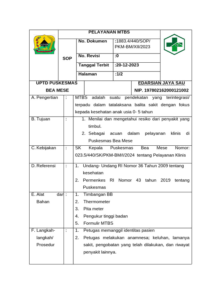 SOP Pelayanan MTBS | PDF