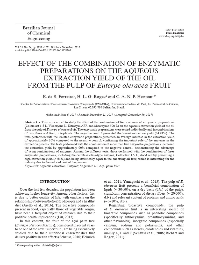 Enzymatic Extraction of Euterpe Oleracea Oil | PDF