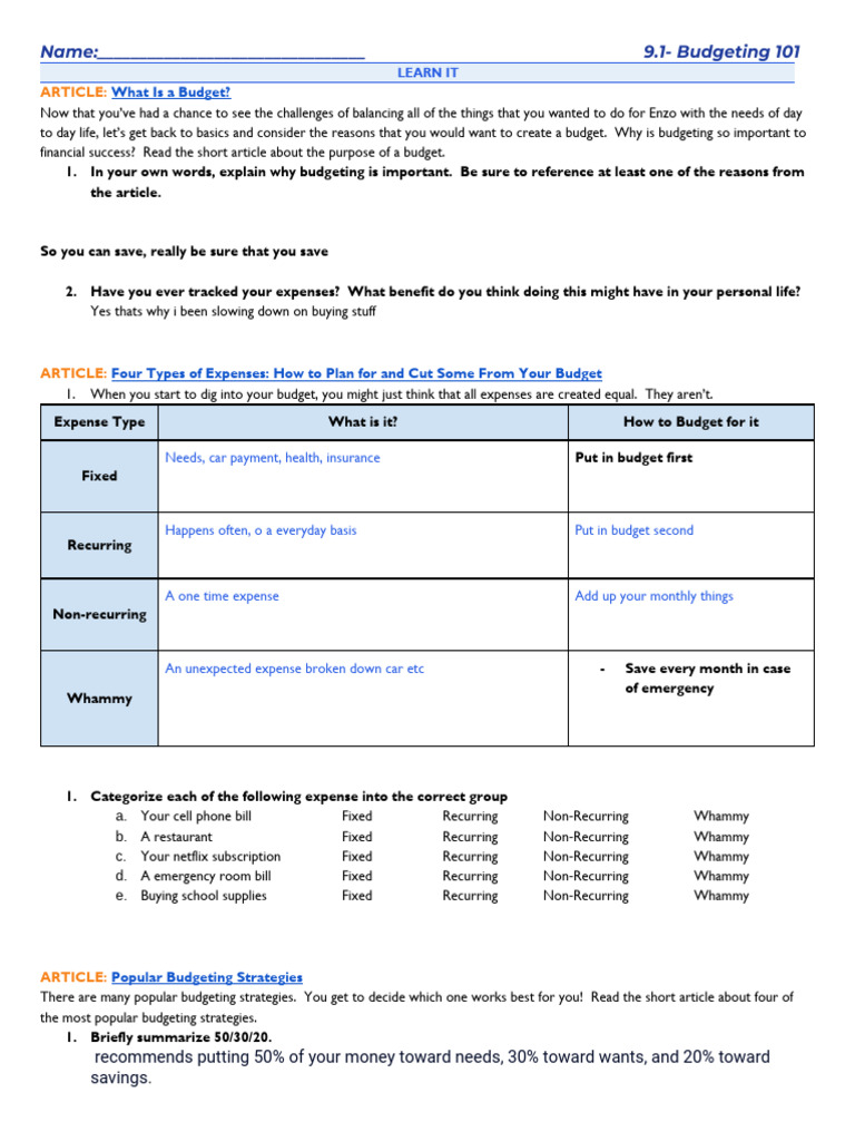 Antonio Douglas - Budgeting 101 Student Activity Packet | PDF | Budget ...