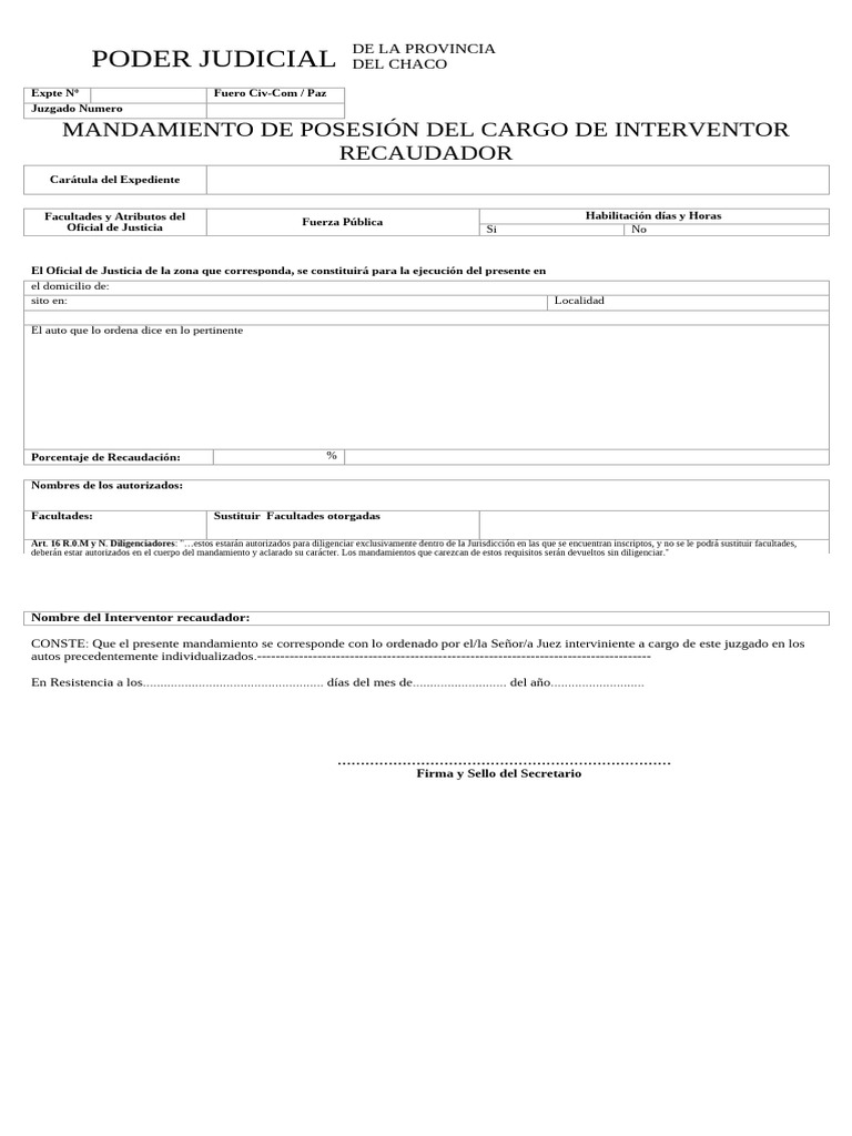 Mandamiento de Posesión Interventor Chaco | PDF