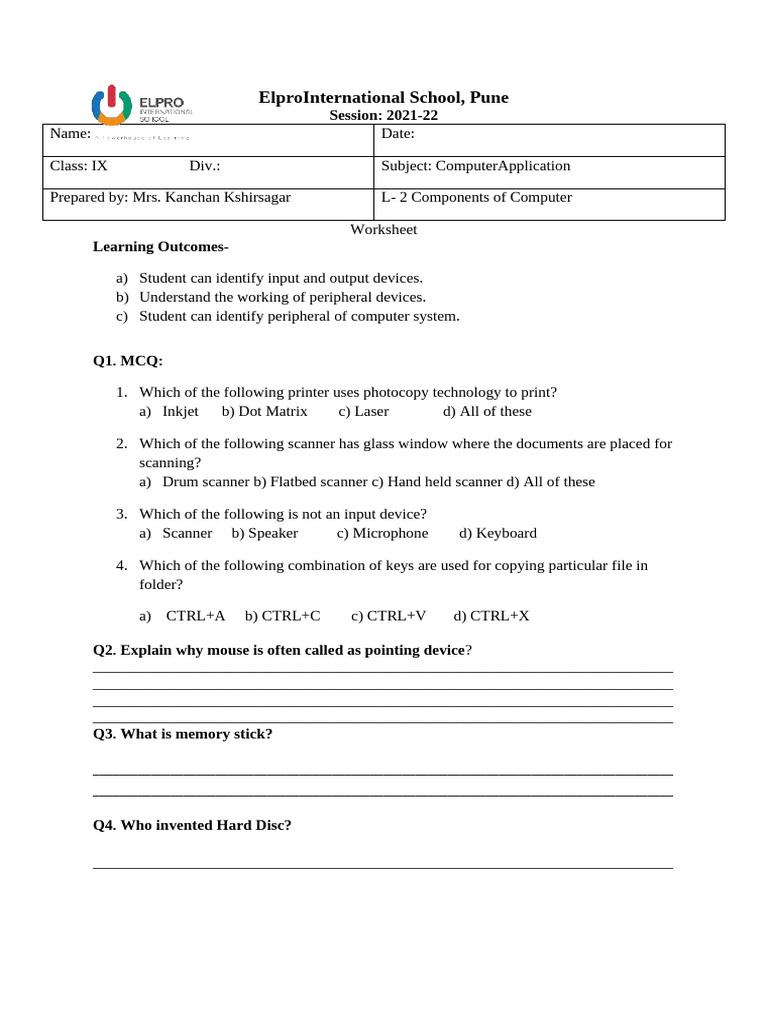 L 2 components of computer worksheet pdf image scanner input output