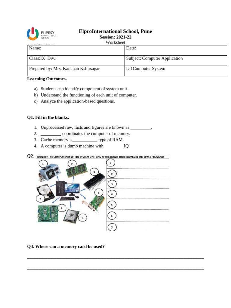 L - 1 Computer System Worksheet | PDF | Byte | Computer Data Storage