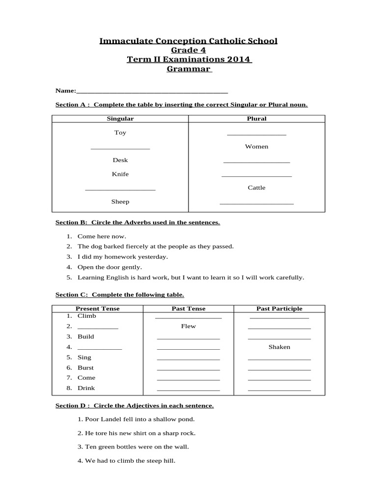 Grade 4 Grammar Exam Review 2014 | PDF | Linguistic Morphology ...