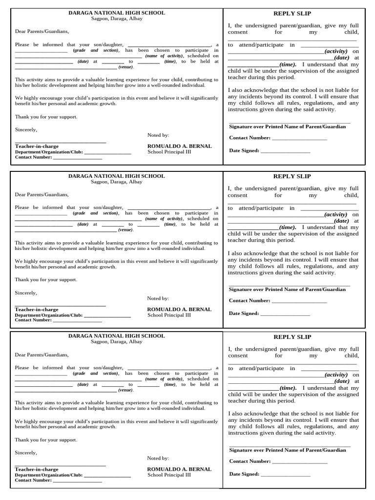 Parent Consent Form for School Activity | PDF | Family | Youth